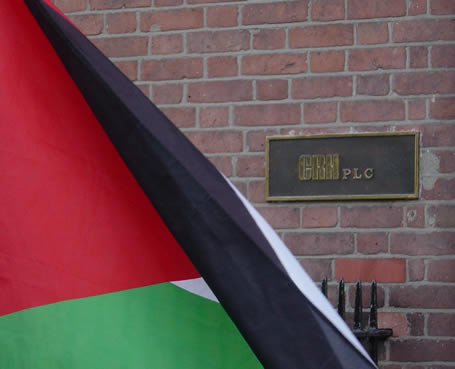 A Palestinian Flag outside CRH offices, gentle reminder