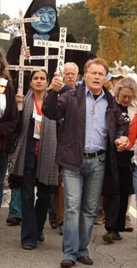 'Martin Sheen, who has many times joined protests for causes he believes in, marched in Sunday's demonstration and rallied the crowd with a fiery speech.'