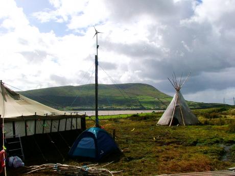 The Camp on a late summer evening complete with wind mill kindly lent to the camp by Andy Wilson