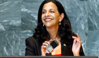 President Zelaya talks to the UN via his prime minister's mobile phone and UN microphony. "a first for our technological age"!