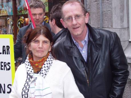 Mary herself with Galway City Councillor, Billy Cameron (Labour) alongside her and Niall O' Brollachain, another City Councillor (Greens) in the background in conversation with John G.