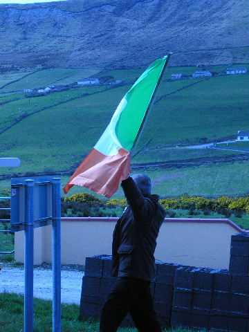 Sean Harrington waves the flag