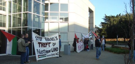 Protesters assembled at front entrance to Clinton Institute