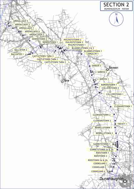 Map of the 32 sites discovered by the NRA, showing Clowanstown 1,2 and 3 near Tara