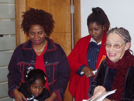 Merriam Dike from South Africa and Landu Mfumaleka from Angola with Margaretta D'Arcy, chairperson of Women in Media and Intertainment.