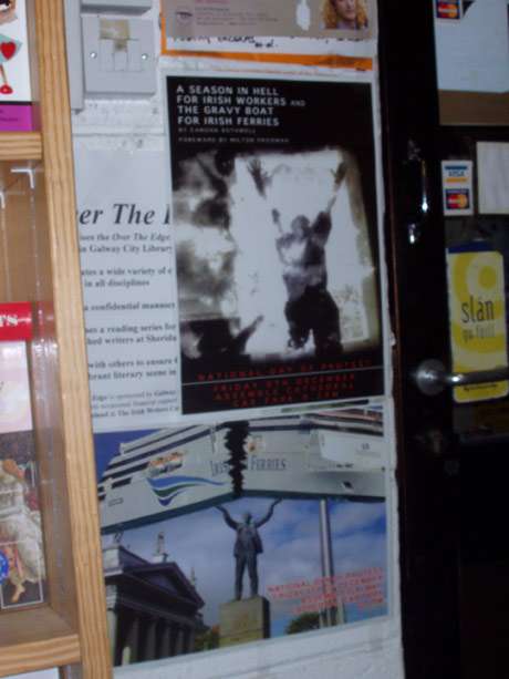 Charlie Byrne gave primo prominence to Friday's posters in his Bookshop in Middle Street, taping them up himself.