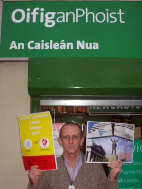 Billy Cameron doing a Charlie Byrne outside his Post Office in Newcastle Road ; Billy is a Labour, Galway City Councillor and member if the Irish Postmasters Union.