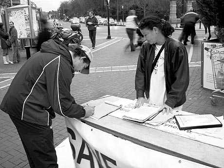 Muireann getting people to sign submissions