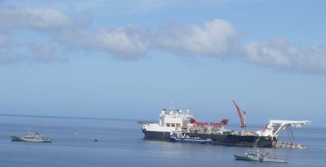 Two Irish Navy gunships guarding the Solitaire against the "threat" of Shell to Sea activists armed, as it were, with pea shooters, if that at all, toy plastic inflatables and kayaks