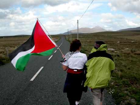 Treasa n Cheannabhin with friend, with Croagh Patrick at a distance