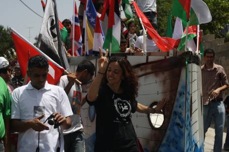 Huwaida Arraf at today's protest in Bil'in prior to her arrest by Israeli Occupation Forces at the Apartheid-Annexation Wall