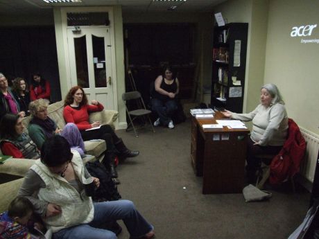 Margaret O'Regan giving her talk on the struggle for reproductive rights in Ireland, Solidarity Books