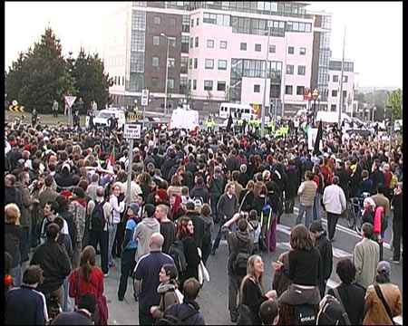 A section of the crowd pushes police lines