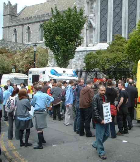 Crowds of suporters gather outside