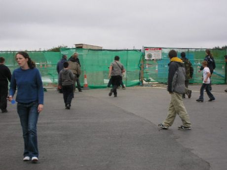 Football at the main gate of the Ballinaboy refinery construction site